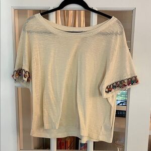 Chic Cream Women's Top with Colorful Sleeve Accents